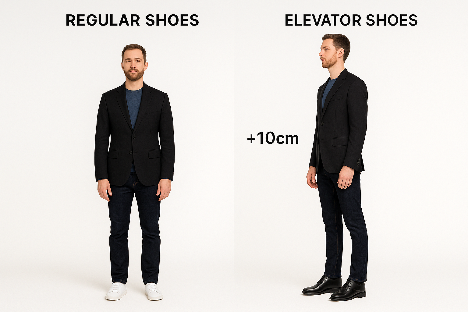 homem 180 de altura, branco que ganhou altura com os calçados elevator da romana, um lado sem o calçado e outro lado com calçado, ganho de 10 cm