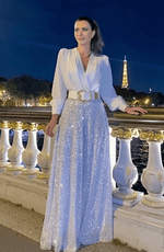 Macacão Feminino Manga Longa e Calça Pantalona Brilhante - ROMANA SHOPPING