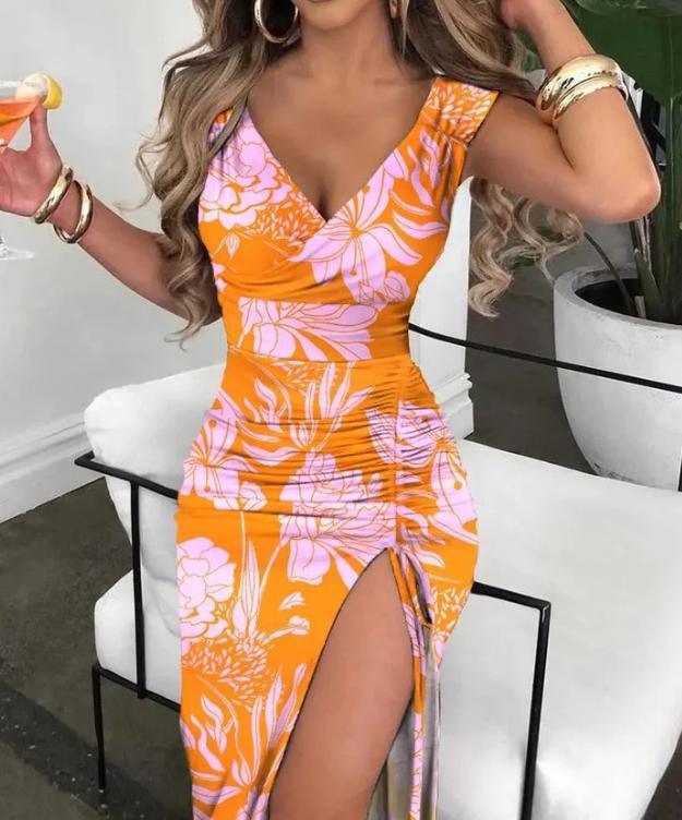 Vestido Romana Estampada Floral Com Fenda L - ROMANA SHOPPING