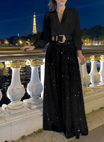 Macacão Feminino Manga Longa e Calça Pantalona Brilhante - ROMANA SHOPPING