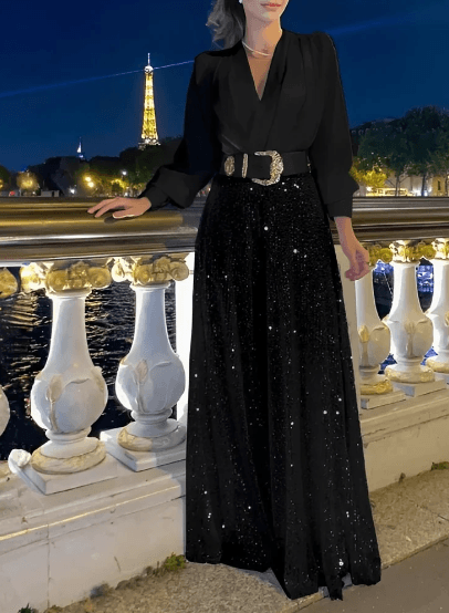 Macacão Feminino Manga Longa e Calça Pantalona Brilhante